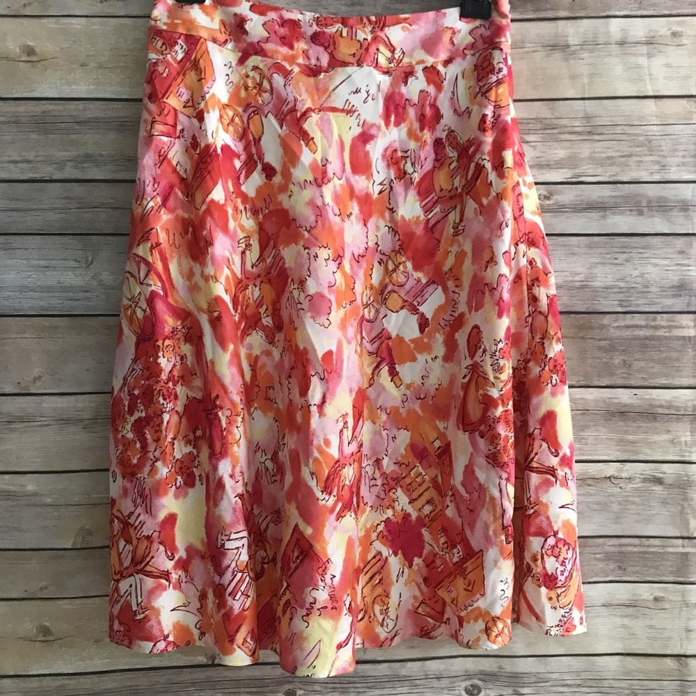 Valerie Stevens Skirt Womens 4P Orange Pink Silk A-Line Knee Length Artsy Print